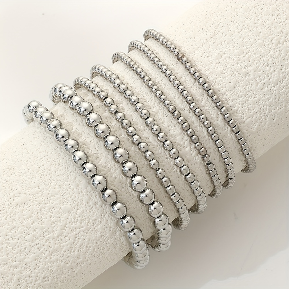 Simple Multi-Size Handmade Beaded Elastic Cord Bracelet Set, 7pcs